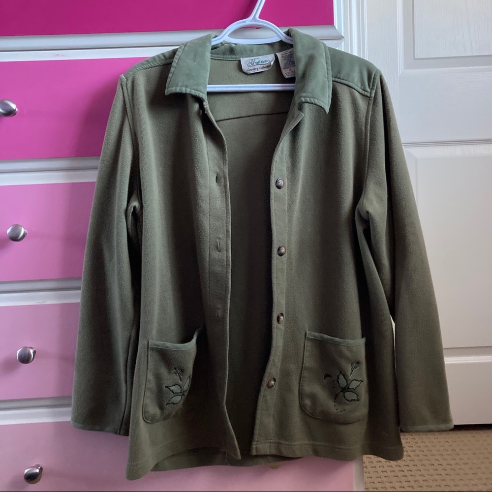 Tradition Green embroidered suede cardigan
